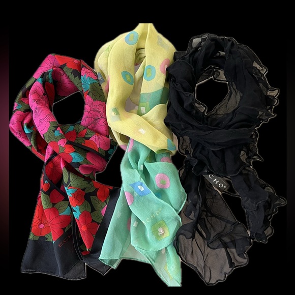 3️⃣🧣Lot of 3 Silk Scarves by ECHO | Oblong | Solid Black/Black Floral/Pastel - Picture 16 of 17